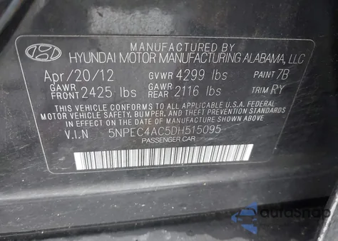 2013 Hyundai Sonata Se z USA, uszkodzony, nr VIN 5NPEC4AC5DH515095